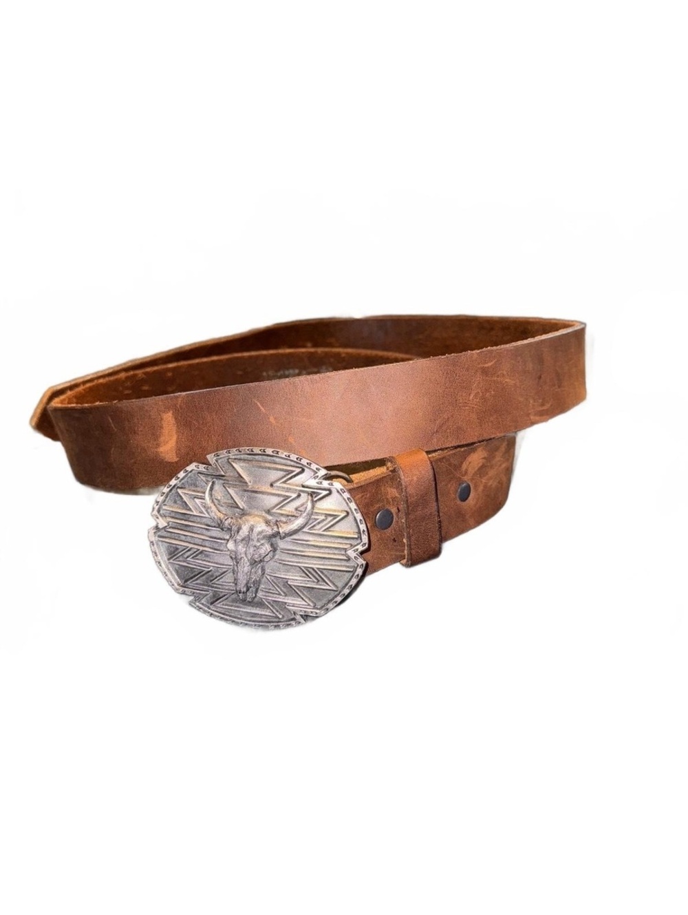 Justin Brown Leather Western Belt With Vintage 1990 Siskiyou Steer Skull Buckle